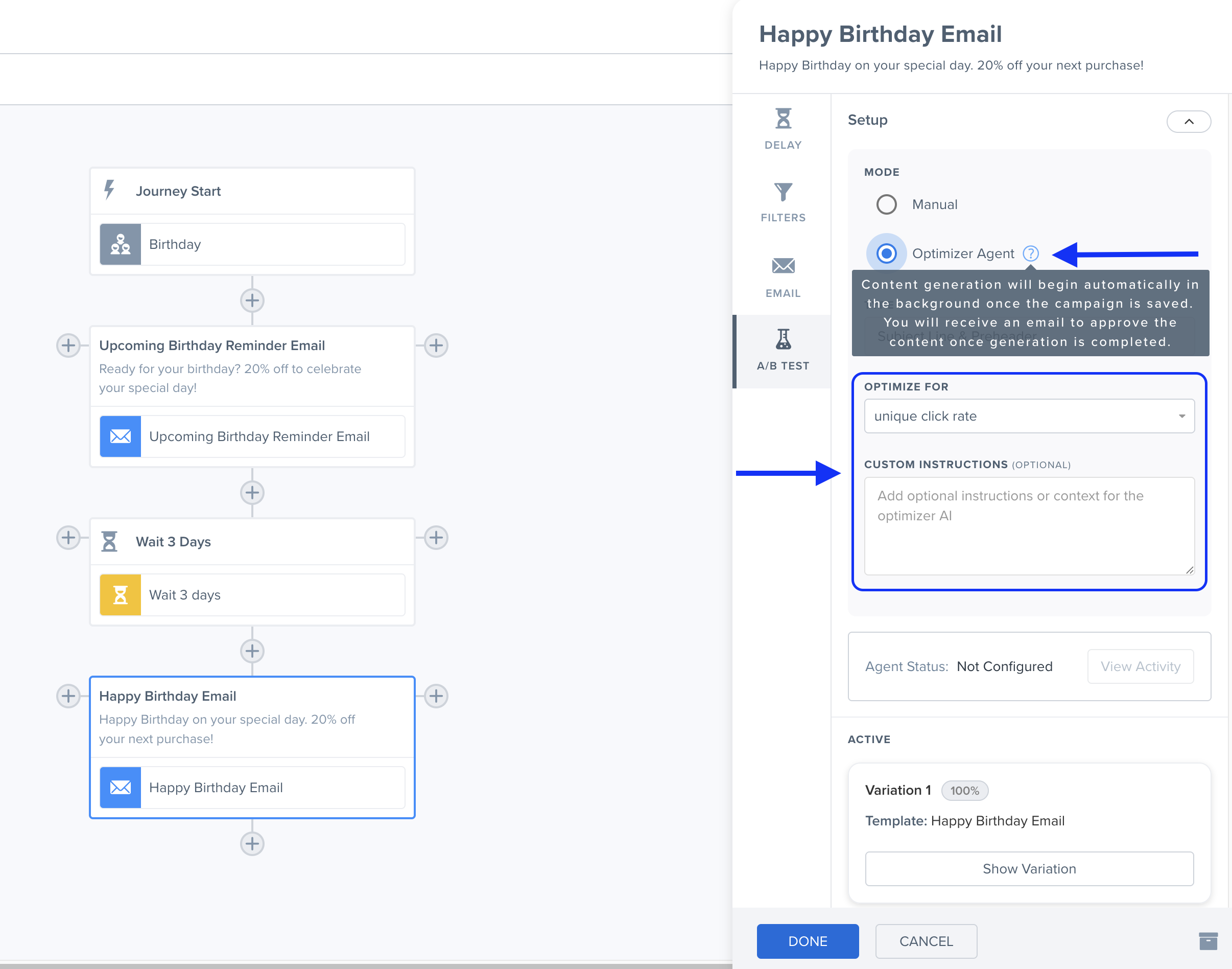 Campaign trigger setup with Optimizer Agent, Optimize For, and Custom Instructions