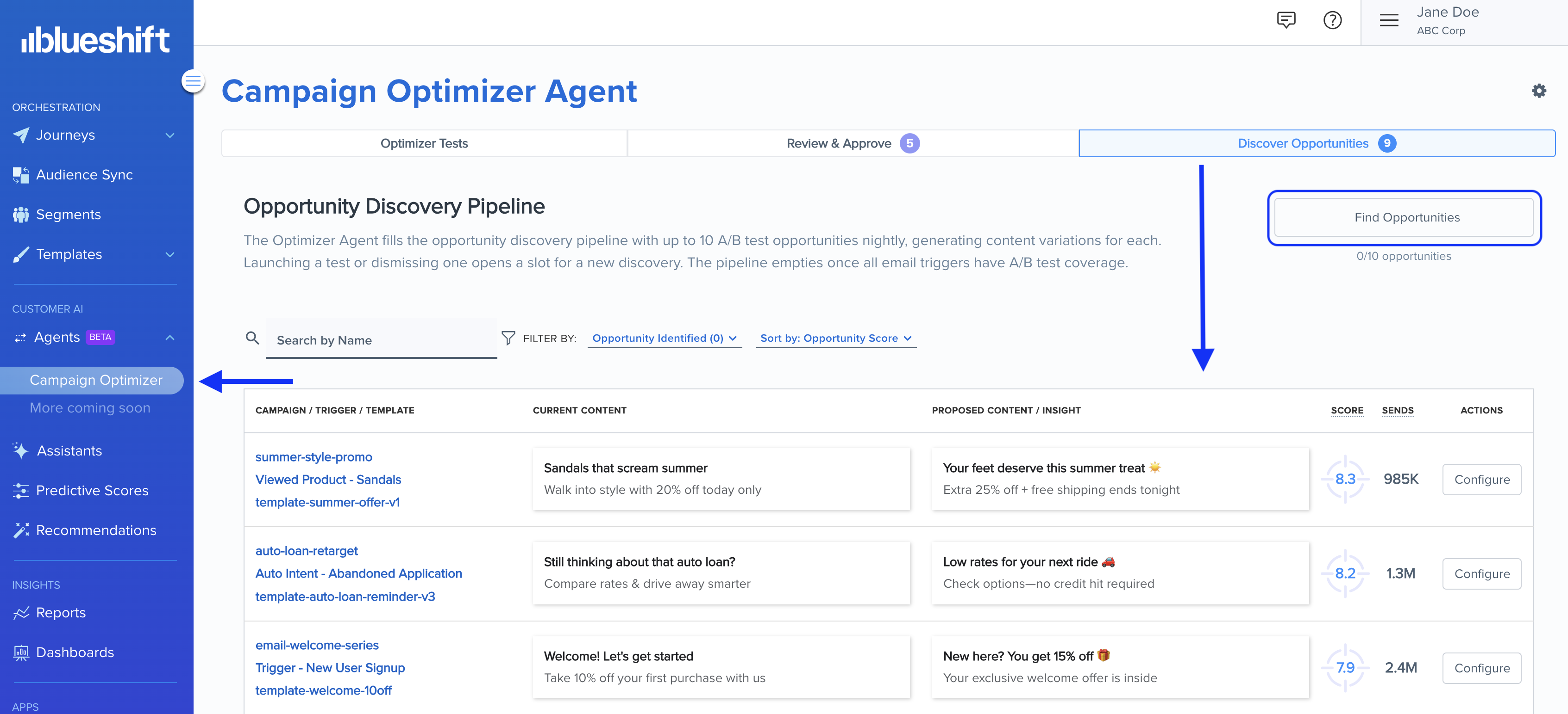 Discover opportunities list (with Find Opportunities and Configure actions)