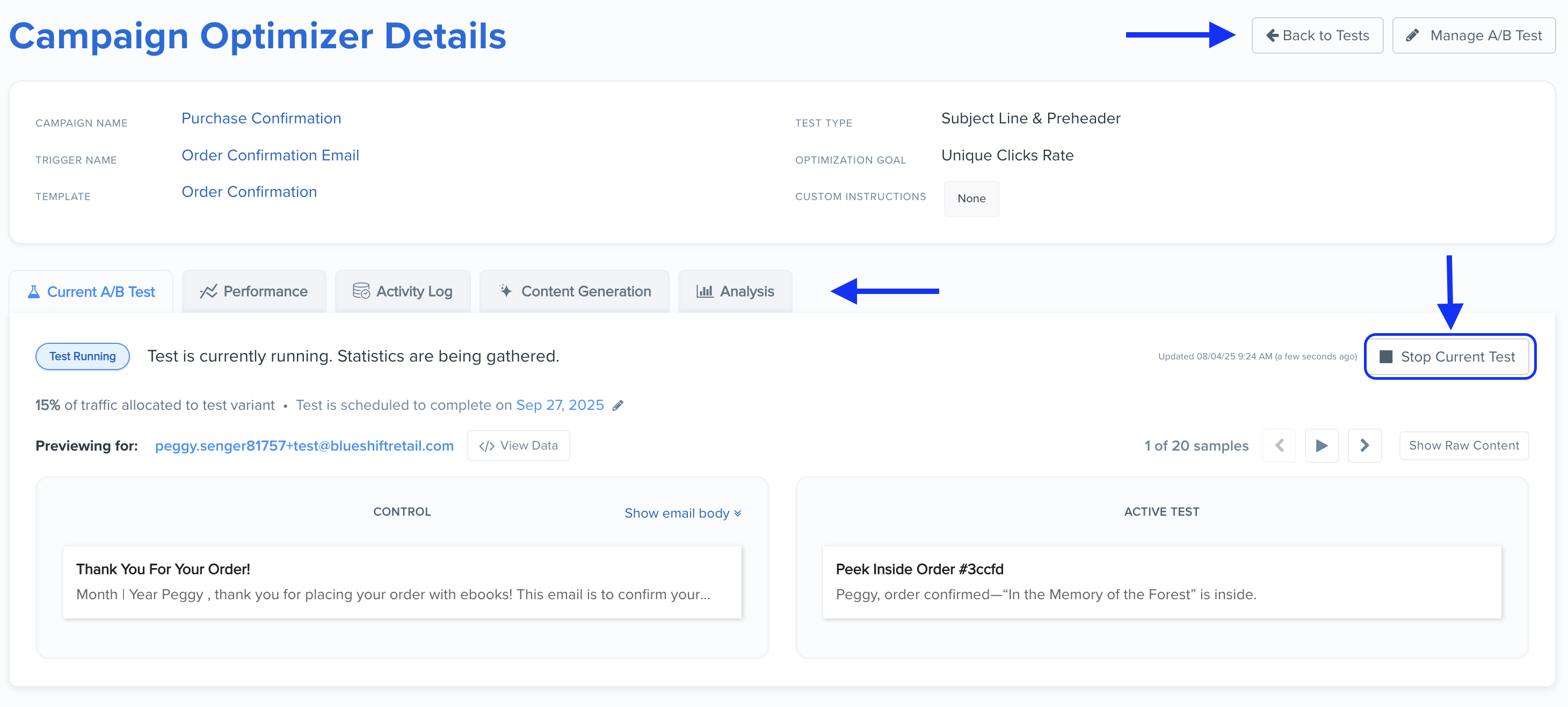 Test details with options for Performance, Activity Log, Content Generation, Analysis, and Stop Current Test