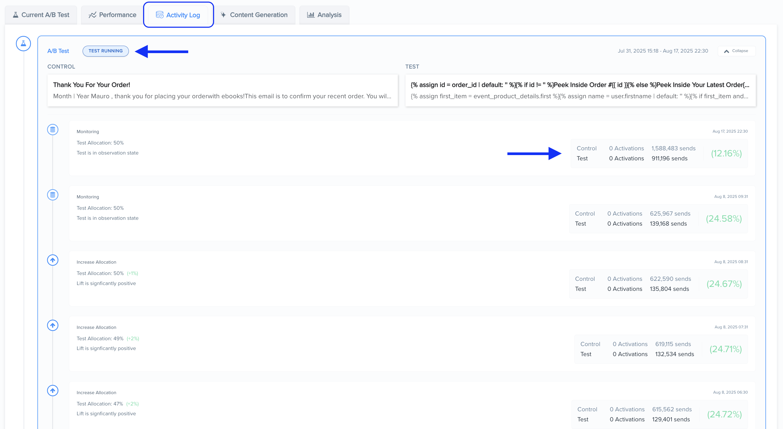 Activity Log tab showing timeline entries