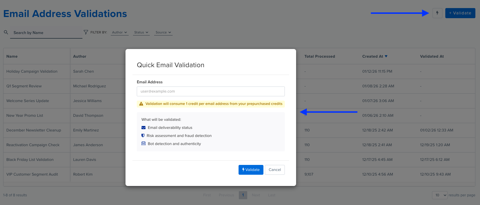 Quick validation dialog