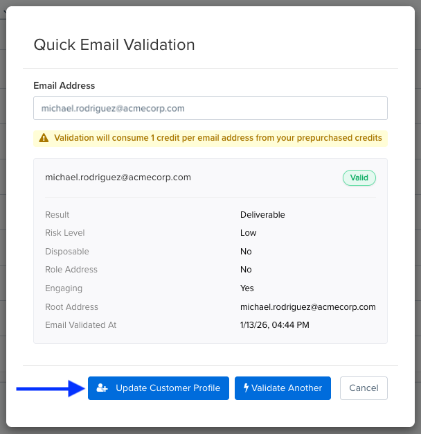 Quick validation results example