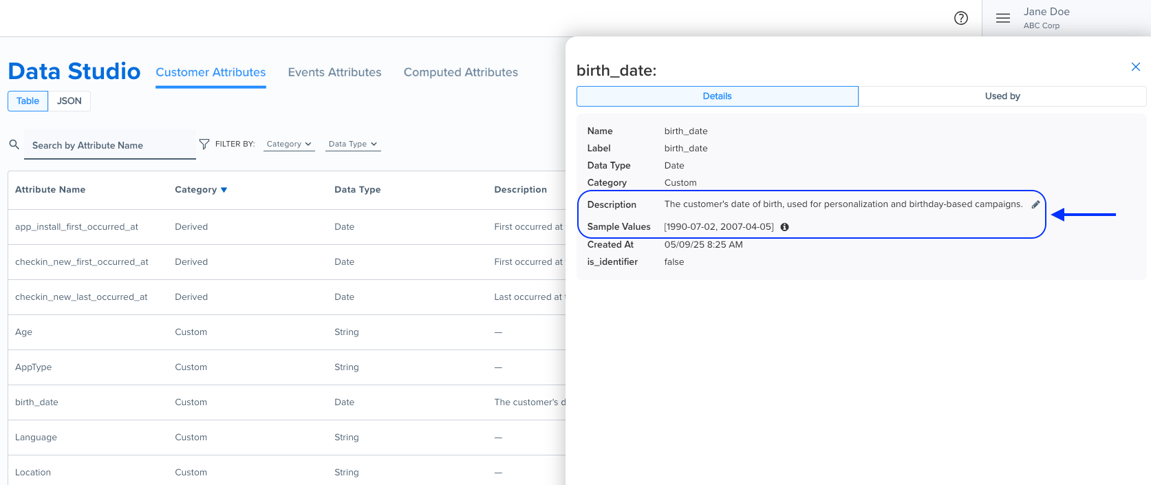 Attribute details view