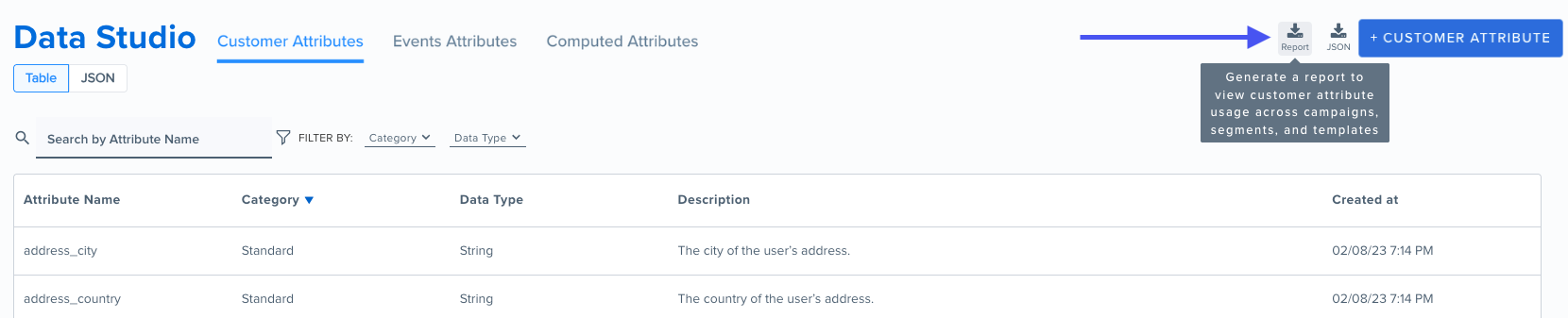 Attribute usage report