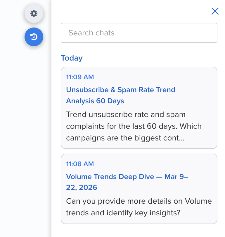Chat history panel showing saved conversations with titles and timestamps.