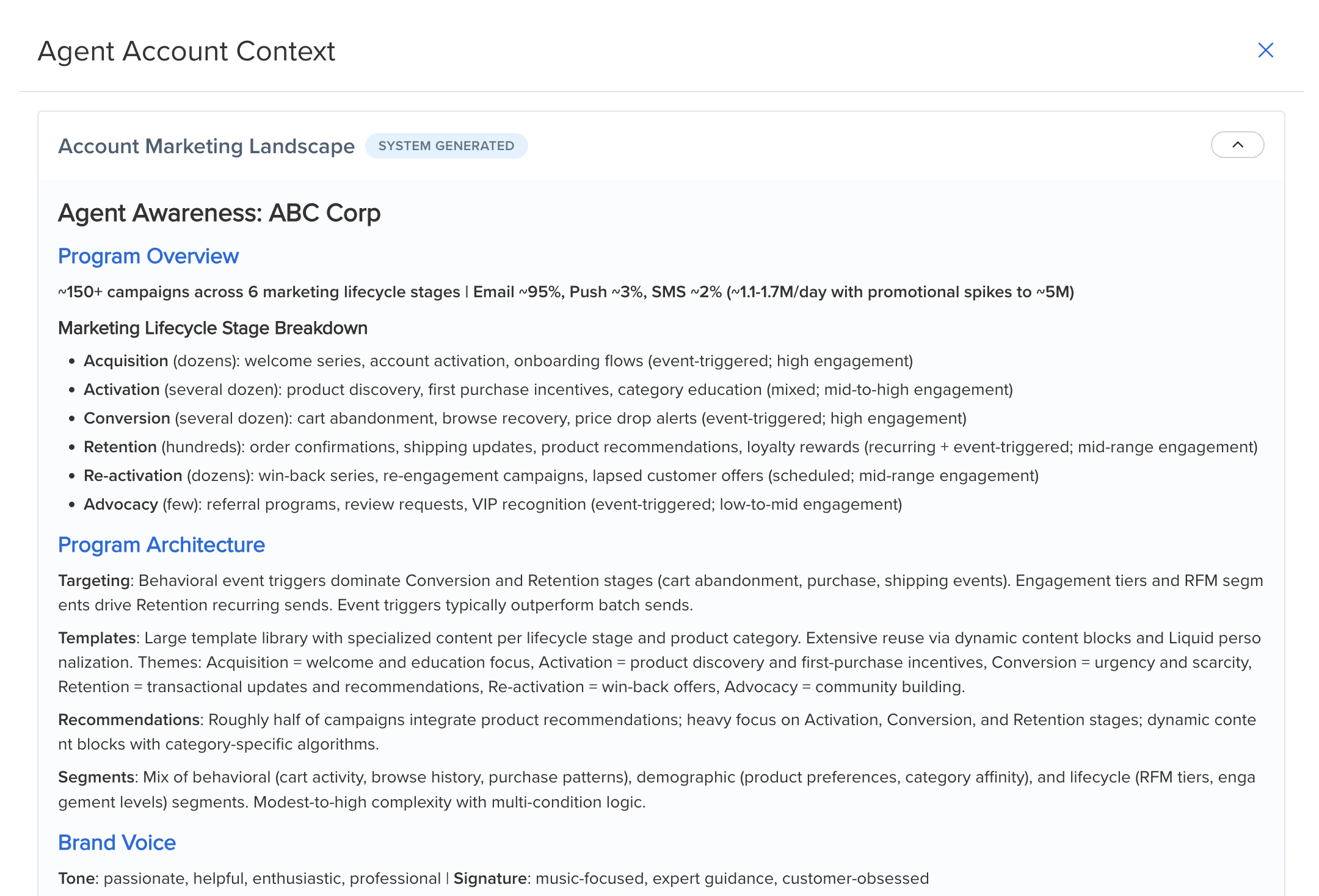 Account Marketing Landscape showing system-generated account summary.