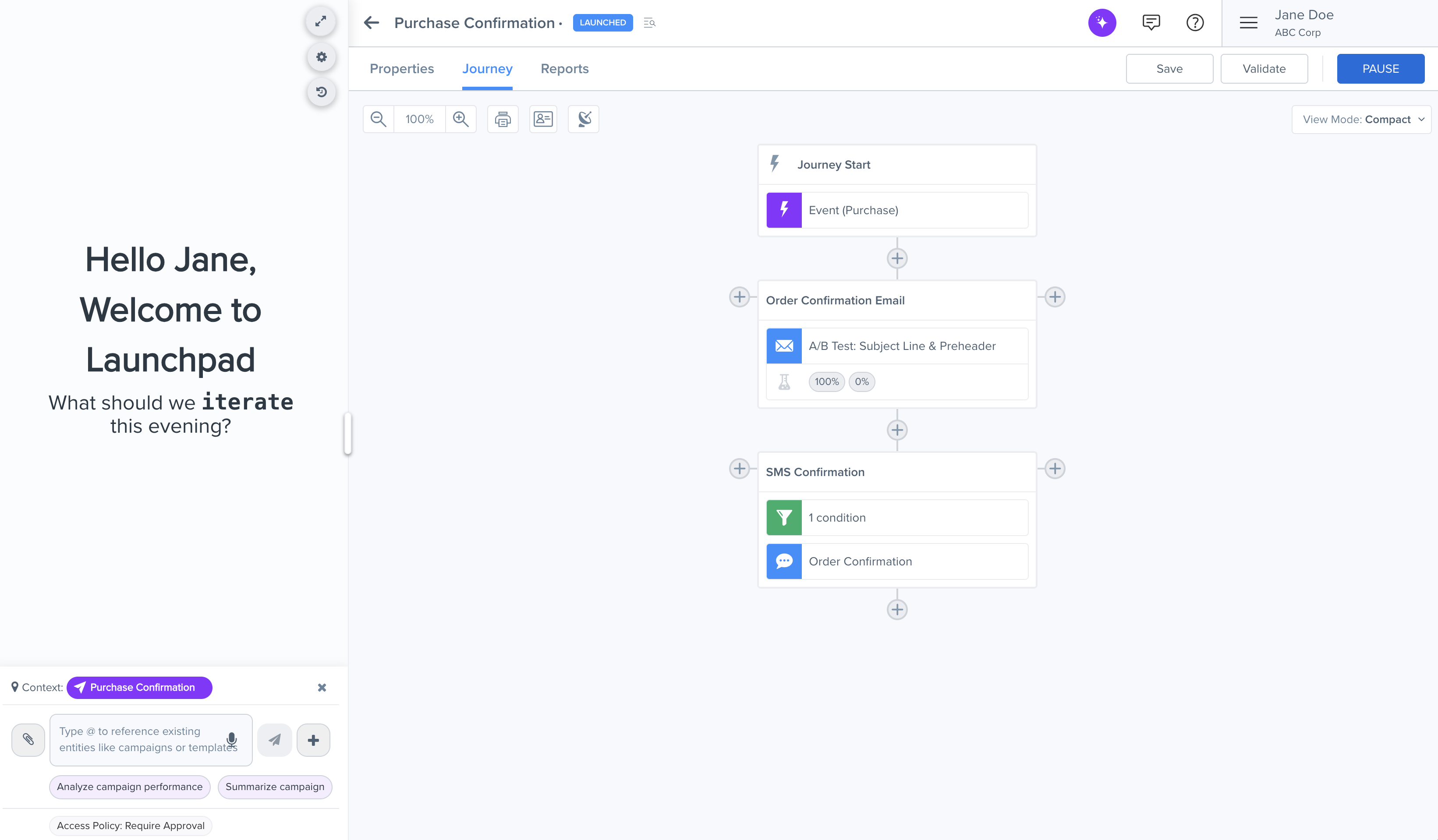 Split view showing campaign journey builder alongside Launchpad chat.