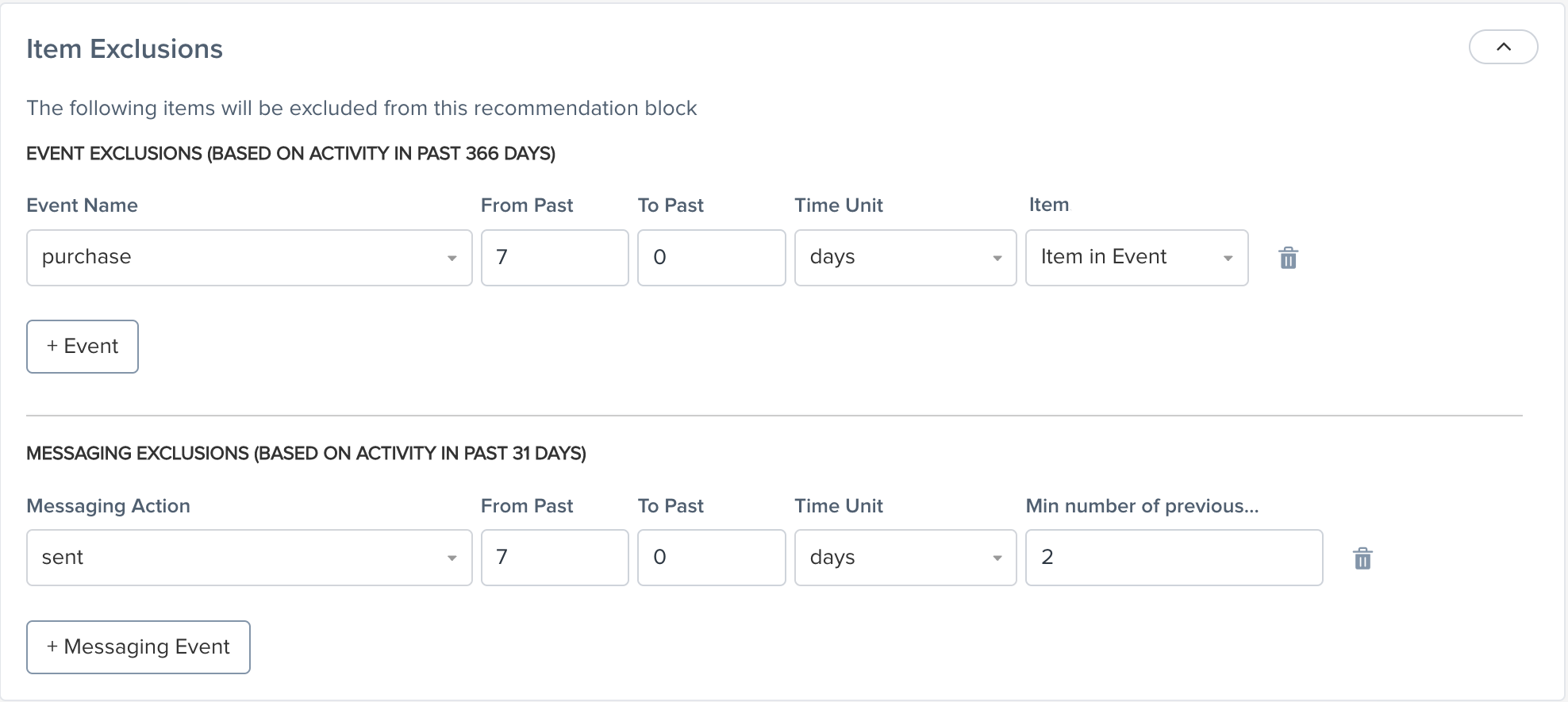 Item Exclusions section showing event and messaging exclusions.