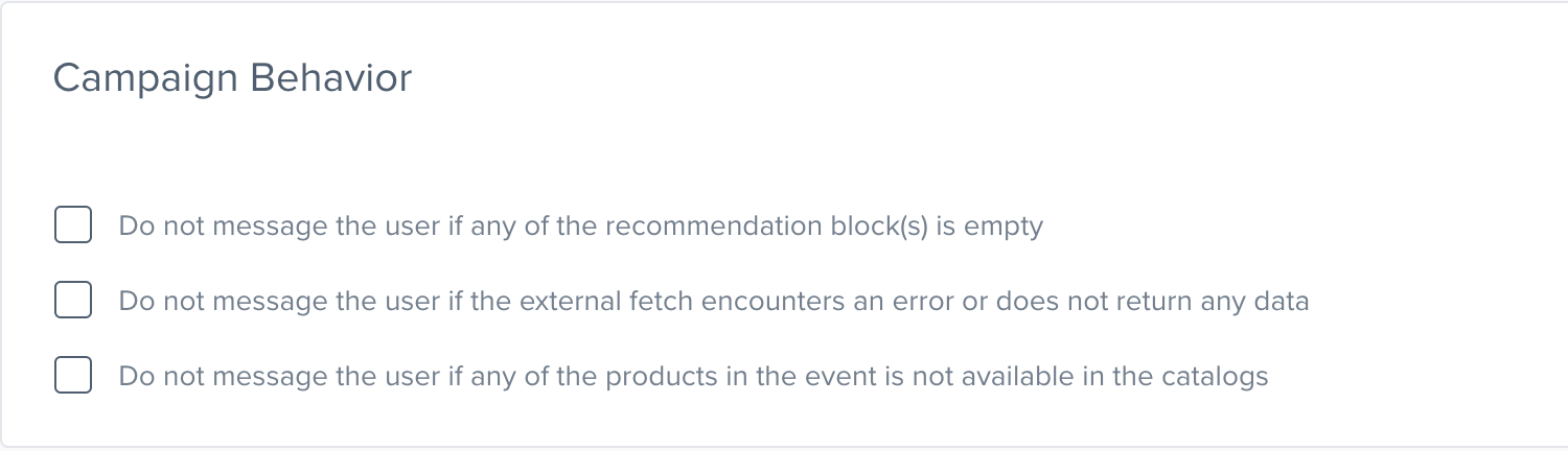 Messaging template showing the Do not message users if any of the recommendation blocks are empty option.